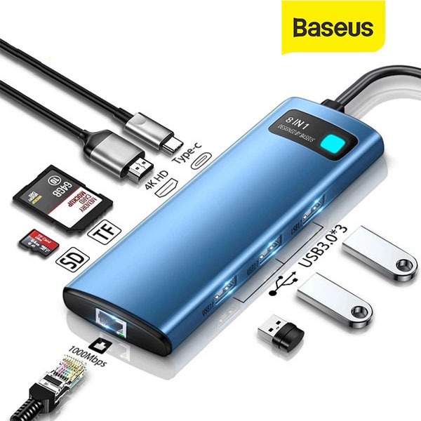 Adaptador BASEUS USB-C HUB 8en1 HDMI 4K RJ45 USB 3.0 Lector SD/TF MacBook Pro